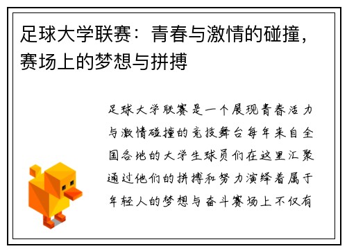 足球大学联赛:青春与激情的碰撞,赛场上的梦想与拼搏
