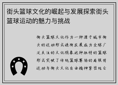 街头篮球文化的崛起与发展探索街头篮球运动的魅力与挑战