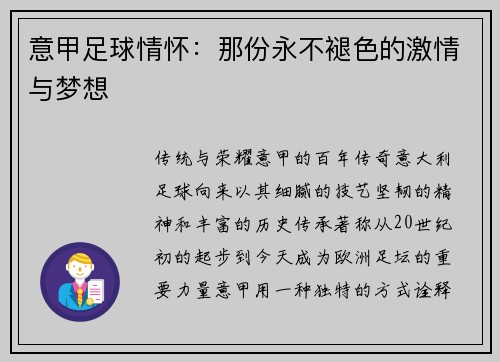 意甲足球情怀:那份永不褪色的激情与梦想