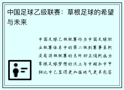 中国足球乙级联赛：草根足球的希望与未来