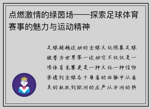 点燃激情的绿茵场——探索足球体育赛事的魅力与运动精神