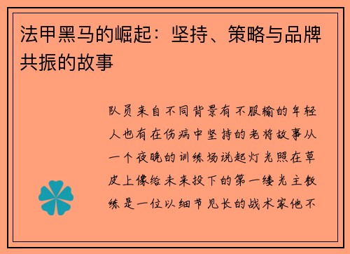法甲黑马的崛起：坚持、策略与品牌共振的故事