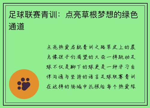 足球联赛青训：点亮草根梦想的绿色通道